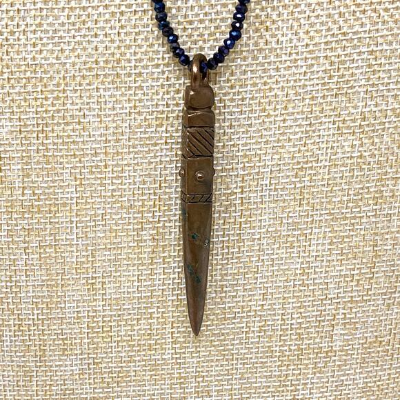 DYLAN K Dagger Copper Pendant On Caviar Black Pyrite Beaded Necklace MSRP 220 - Picture 7 of 11